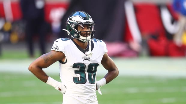 Dec 20, 2020; Glendale, Arizona, USA; Philadelphia Eagles cornerback Michael Jacquet (38) against the Arizona Cardinals at State Farm Stadium. Mandatory Credit: Mark J. Rebilas-USA TODAY Sports  